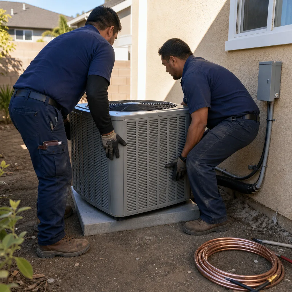 Two HVAC technicians installing a residential air conditioning unit