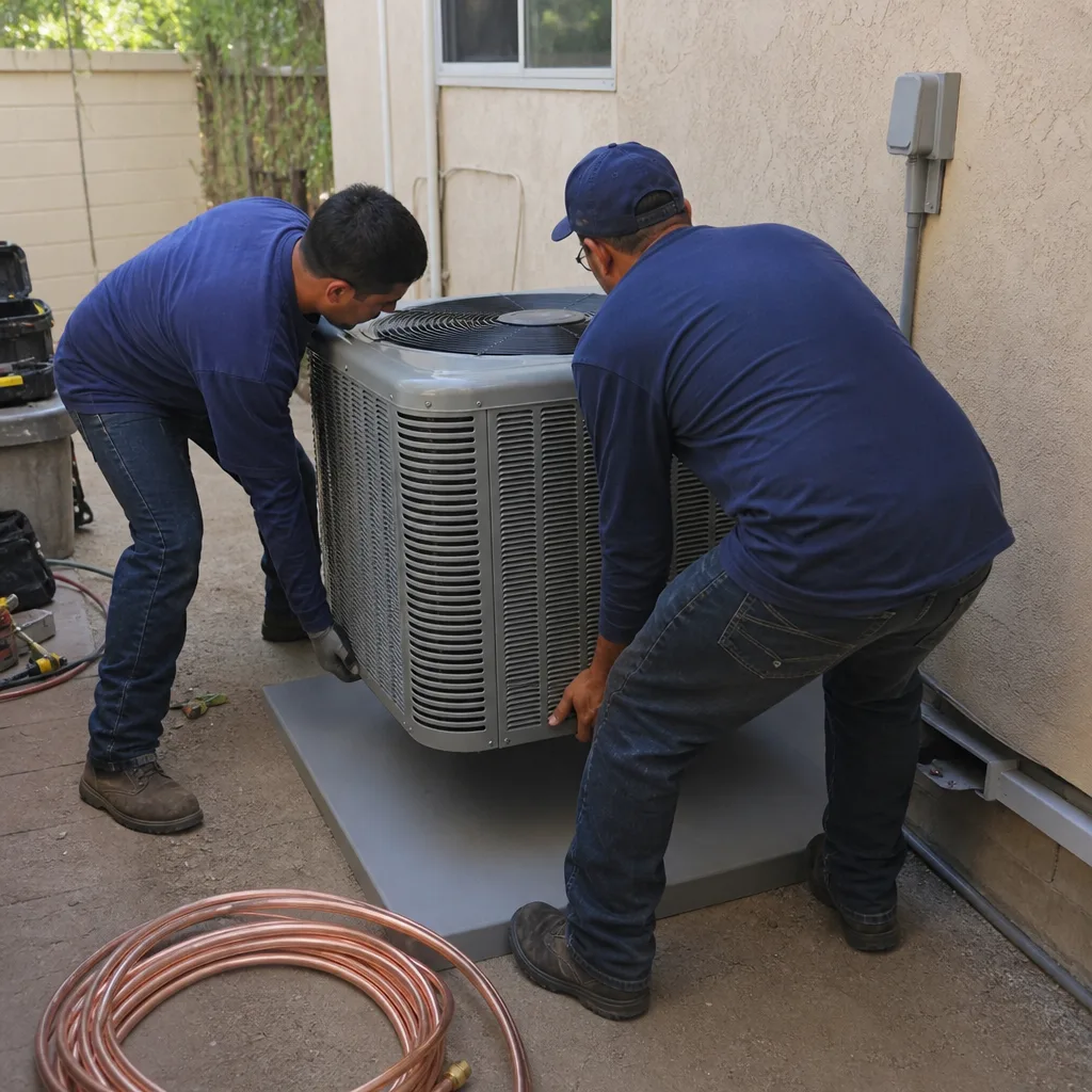 Two professional HVAC technicians performing a residential AC unit installation
