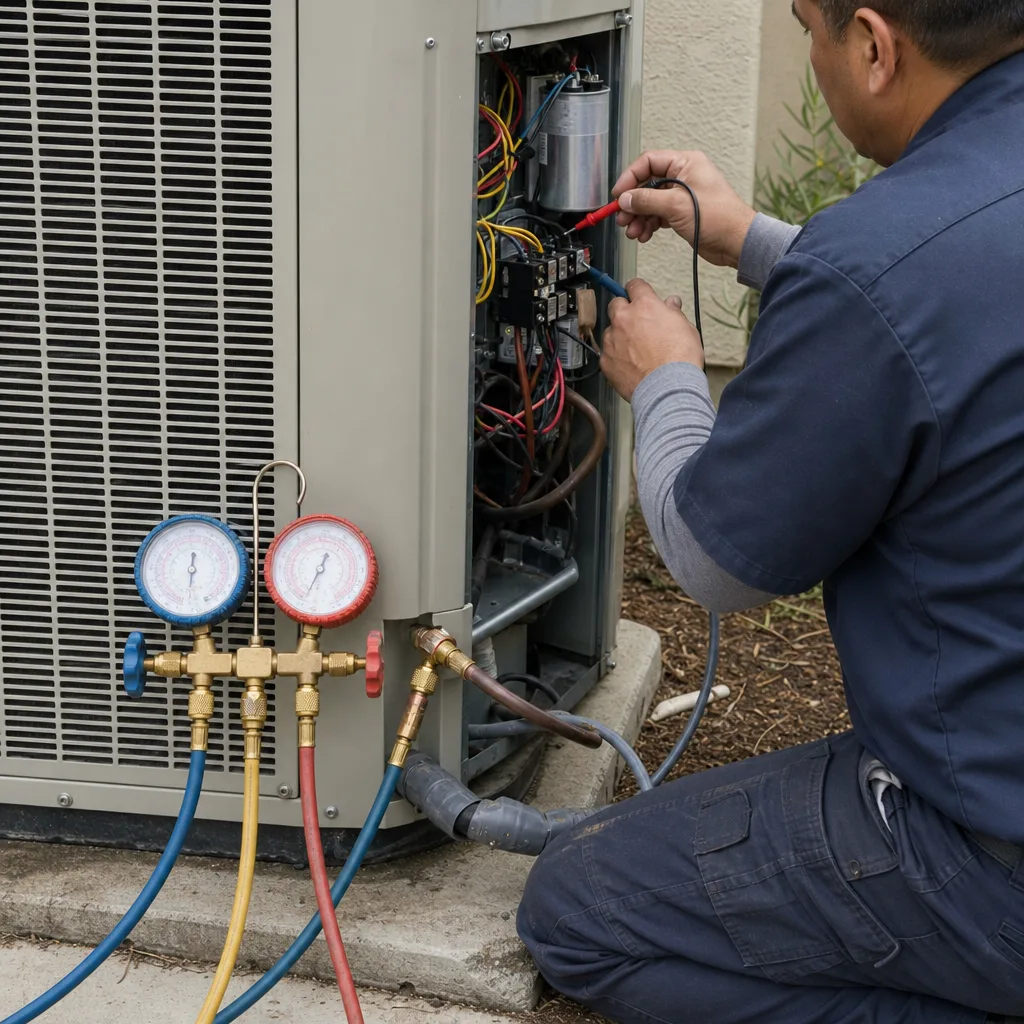 HVAC technician performing AC unit electrical and pressure diagnostic testing.