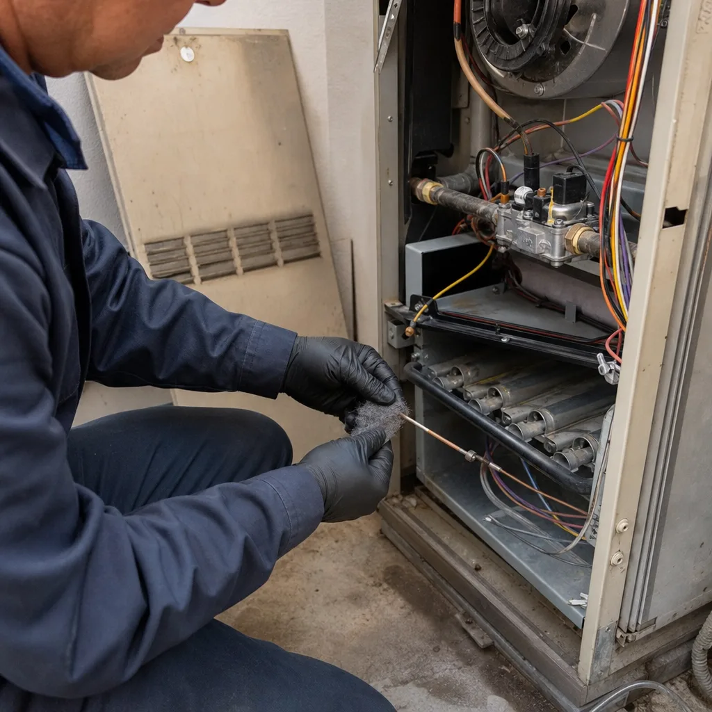 Technician cleaning furnace flame sensor during HVAC repair service