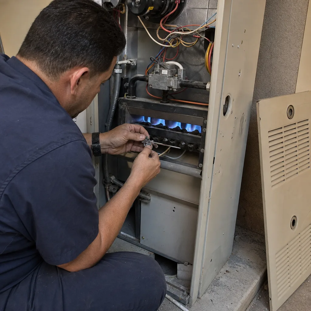 HVAC technician performing professional furnace repair and maintenance on heating system