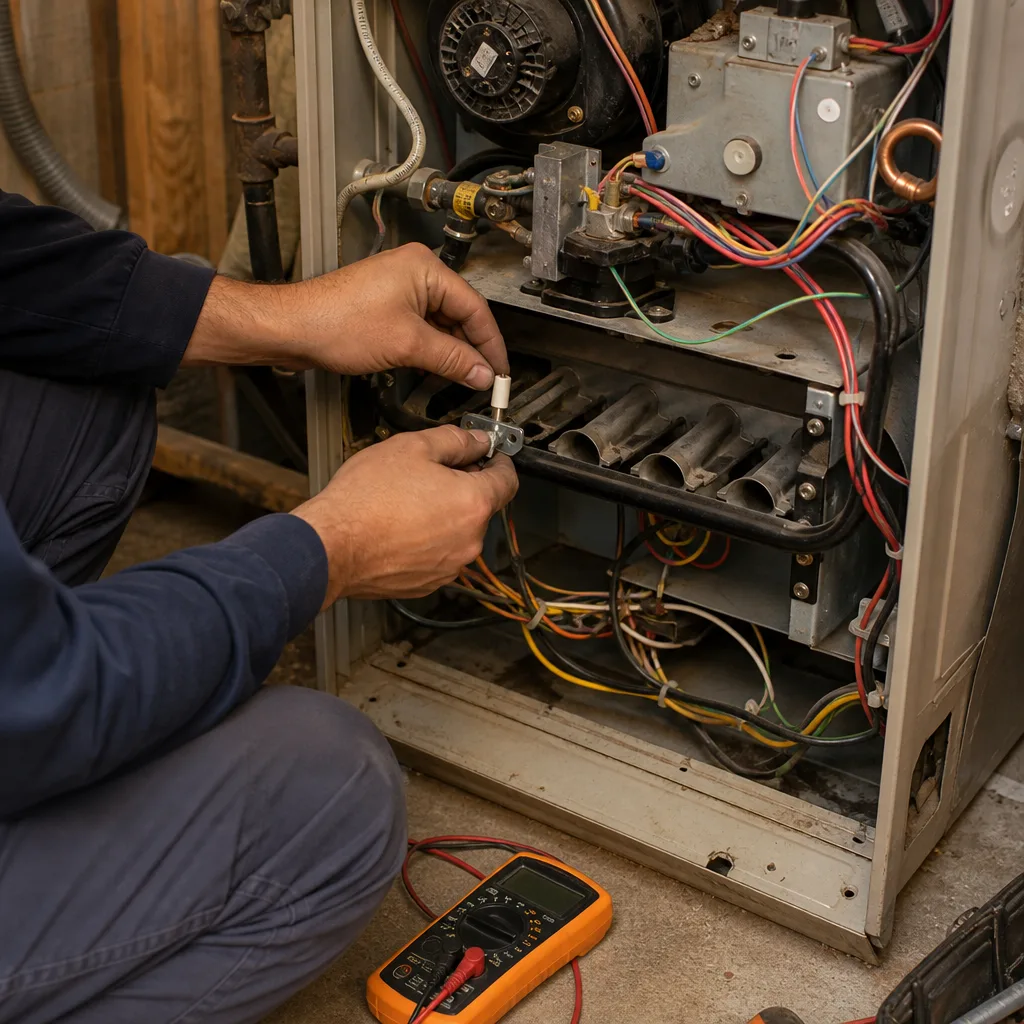 HVAC technician repairing a residential furnace using a multimeter